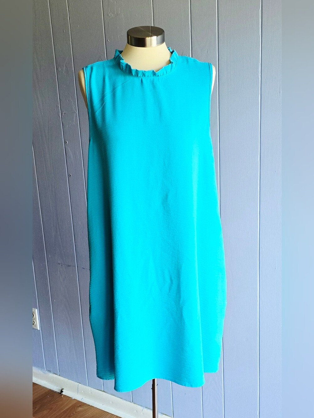 Cotton Bleu Womens Flirty Mock Neckline Aqua Blue Shift Dress
